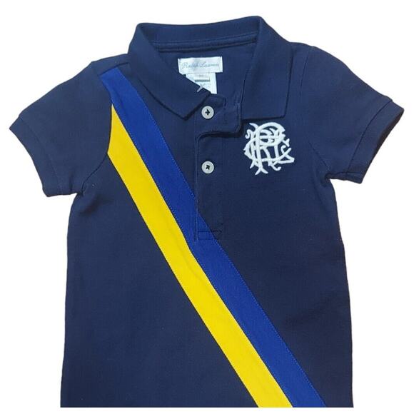 Ralph Lauren 1Pc Shortall Romper Navy Blue Yellow Royal Diagonal Stripe Size 6M - Picture 6 of 8